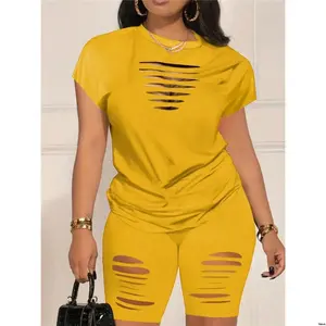 Summer For Set Two Shorts And Sleeve Round Solid Women tiktok s Hollow Out Color Neck Short Top Casual - Piece