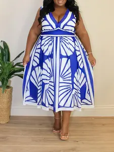 [Plus Size] All Over Print Fitted A Line Dress, Casual Fashion Sleeveless Dress for Daily Outdoor Wear, Women Plus Clothing for Summer, Womenswear