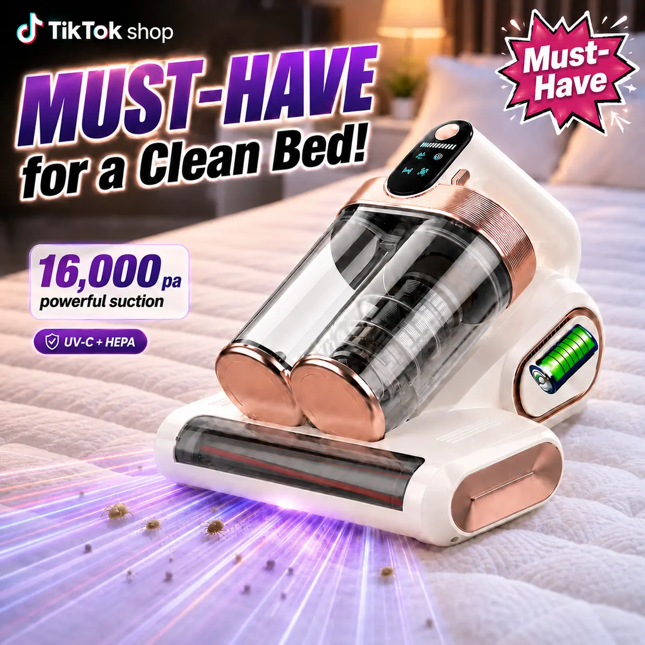 Cordless Mattress Vacuum Cleaner, 16Kpa Deep Clean Bed Vac with 80000 RPM Tapping, UV-C Light & Ultrasonic, Dual HEPA Dust Cup for Sofa, Crib and Pet Hair