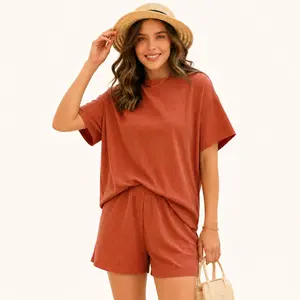 Summer Women's Ribbed Knit Lounge Set - Short Sleeve Crew Neck Top & High Waisted Shorts with Pockets, Soft Pajamas Loungewear Mother's Day Gift