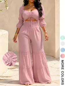 Women's Square Neck Two-Piece Set, Drawstring Adjustable Hollow High Waist Wide Leg, French Chic Style, Essential for Spring & Fall