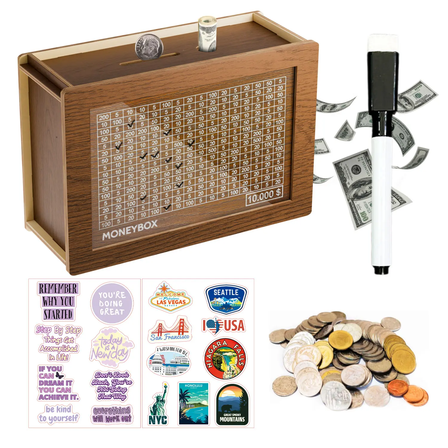 【Give Away 2 Stickers】Cash Vault Wooden Savings Box,Wooden Cash Saver Money Box,Wooden Piggy Bank Coin Bank with Counting Target,Wooden Coin Bank for Boys and Girls