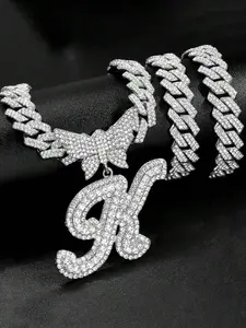 LIGHTSOME Hip Hop Initials Butterfly Pendant  Chain Necklace Ice Crystal Sparkling Rhinestone Chain Initials Necklace Jewelry Gifts