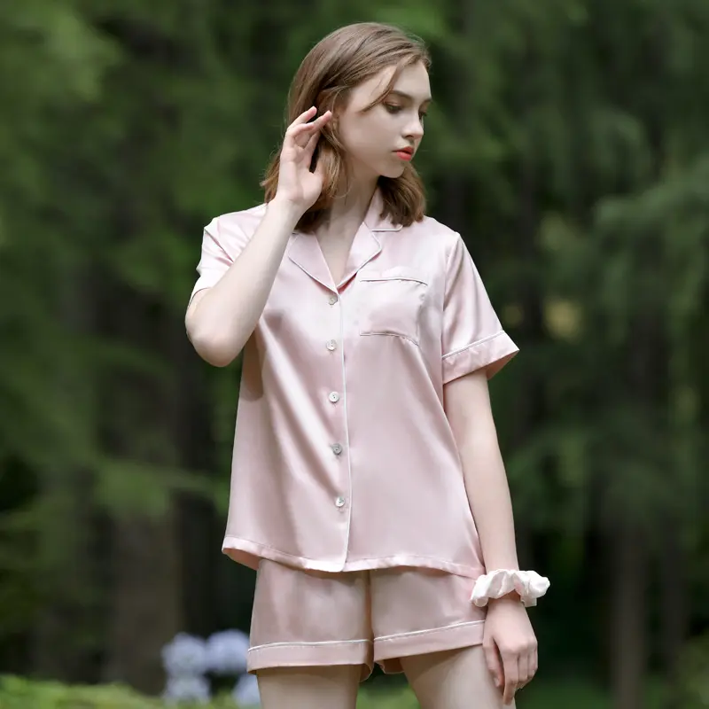 luxury 6A pure Satin silk sleepwear Pyjamas Short Sleeve pants 100% mulberry Silk Pajama for Women Set Support for customization and retail