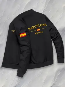 Men's Fitted Long Sleeve Baseball Jacket Barcelona Spain Pattern, Zipper Lightweight Coat, Polyester, Travel Casual Fashion Outerwear, Menswear