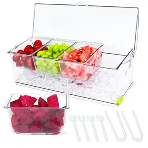 Serving Set for Party Supplies: Chilled Serving Tray for Mimosa Bar, Condiment Caddy with Lids, Fruit Trays with 4 Containers, Serving Platters Picnic Outdoor Party Nacho Cheese Salad Bar