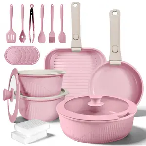 24-piece non-stick cookware set, specifically for induction cooktops, includes frying pan/skillet, saucepan, steak pan, detachable handles, suitable for home and RV kitchens, stackable kitchen accessories, easy to clean, available in multiple colors