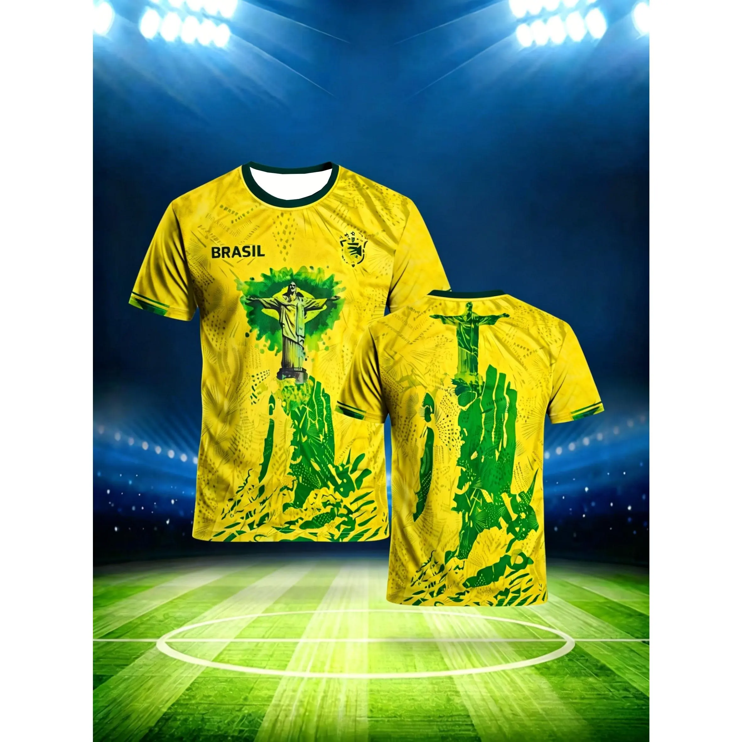 [Printed Design-NotTextured]Summer Men's Brazil-themed Christ-printed Football T-shirt, Comfortable and Breathable, Suitable for Casual Sports and Leisure Wear as a Short-sleeved Top.