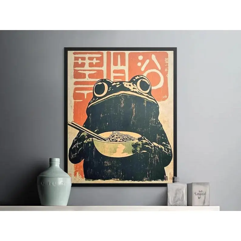 Retro Frog Ramen Poster, Frog Eating Ramen Print, Ramen Noodles Wall Art, Quirky Kitchen Decor, Japanese Inspired Poster, Unique Wall Art Abstract Face Design Decoration Items