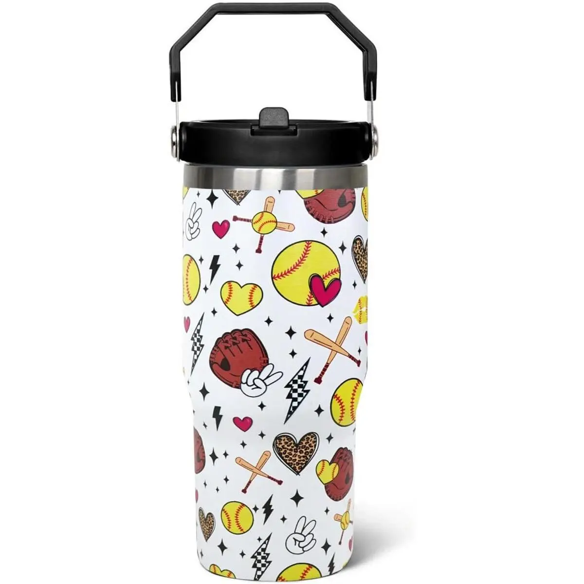 30oz Stainless Steel Insulated Transparent Softball Flip Tumbler with Handle Lid - Reusable Cute Cup, Coffee Tea Holder with Straw, Portable Kitchenware for Women’s Birthday Gift, Best Friend Party Decor Classic Drinkware, Beverage