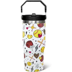 30oz Softball Flip Tumbler with Handle lid and Straw,Softball Coffee Travel Mug Cup Water Botter,Softball Gifts for Women,Softball Stuff Decor Accessories