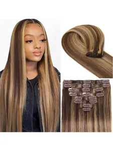 Balayage 8pcs Clip in Hair Extensions Real Human Hair Invisible Honey Blonde Human Hair Clip in Extensions Human Hair Highlight Clip ins Extension for Women Double Weft