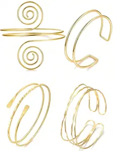 4pcs Upper Arm Cuff Jewelry for Women, Minimalist Design, Adjustable Alloy Coil Armlet, Casual Plain Pattern, All Season Wear