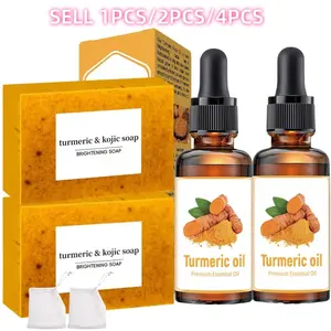 Turmeric Soap 100g + Turmeric Facial Oil 30ml - Natural Skincare Set | Turmeric, Lemon & Kojic Extracts | Deep Hydration, Moisturizing, Softness & Soothing | Granular Texture with Gentle Foam | Alcohol-Free | For Face & Body Use