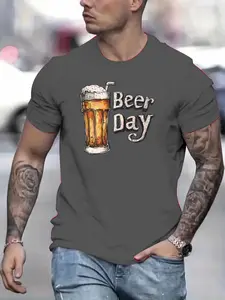 Men's Summer Casual 3D Beer T-Shirt, Lightweight Polyester, Round Neck, Short Sleeve, Dynamic Color Design
