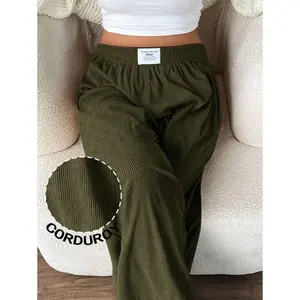 Large size women's corduroy high waisted loose wide leg pants with pockets and patches, suitable for school, daily and office wear, autumn and winter