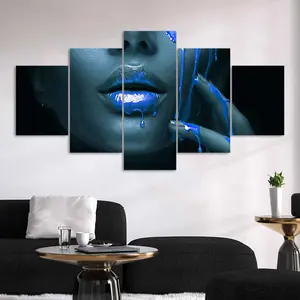 Blue Lips Pattern Canvas Painting, Abstract Face Design, 5 Counts/set Modern Art Poster, Wall Art Decor Modern Home Decoration for Home Living Room Bedroom Office, Photo