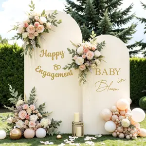 Set of 2 Arch Backdrop Cover 7.2FT, 6FT Beige and  in Bloom and Happy Engagement Decal Sign - Adjustable Wedding Arch Cover Spandex for Wedding Birthday  Shower Banquet Decoration