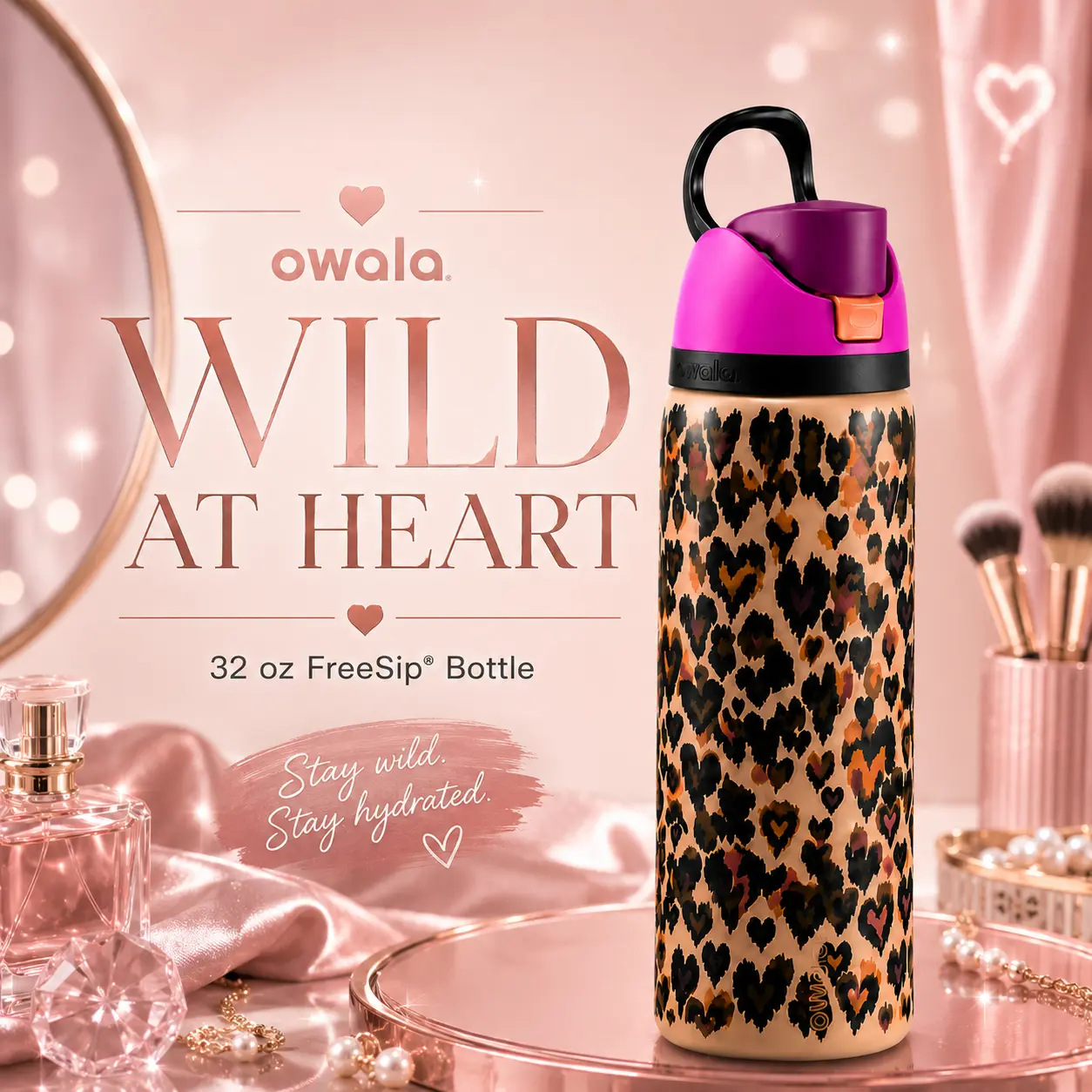 Owala FreeSip 32 oz Wild at Heart Insulated Water Bottle – Leopard Heart Print, Built-In Straw & Carry Loop