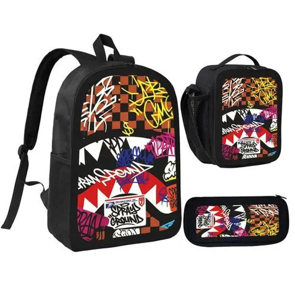 Graffiti Shark Mouth Sprayground Style 3PCS Backpack Set, Durable 600D Oxford Cloth School Bag with Lunch Box & Pencil Case Combo, Adjustable Breathable Strap, Fits 15in Laptop for Kids Teens School Travel Outdoor