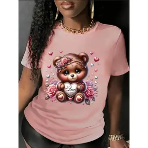 100% Cotton Women's Casual Bear Print T-Shirt - Cute Cartoon Rose and Heart Pattern, Soft Pink Semi-Transparent Round Neck Top, Machine Washable Four Seasons Comfortable Style, Fashionable Fun Design Details Fabric Fit