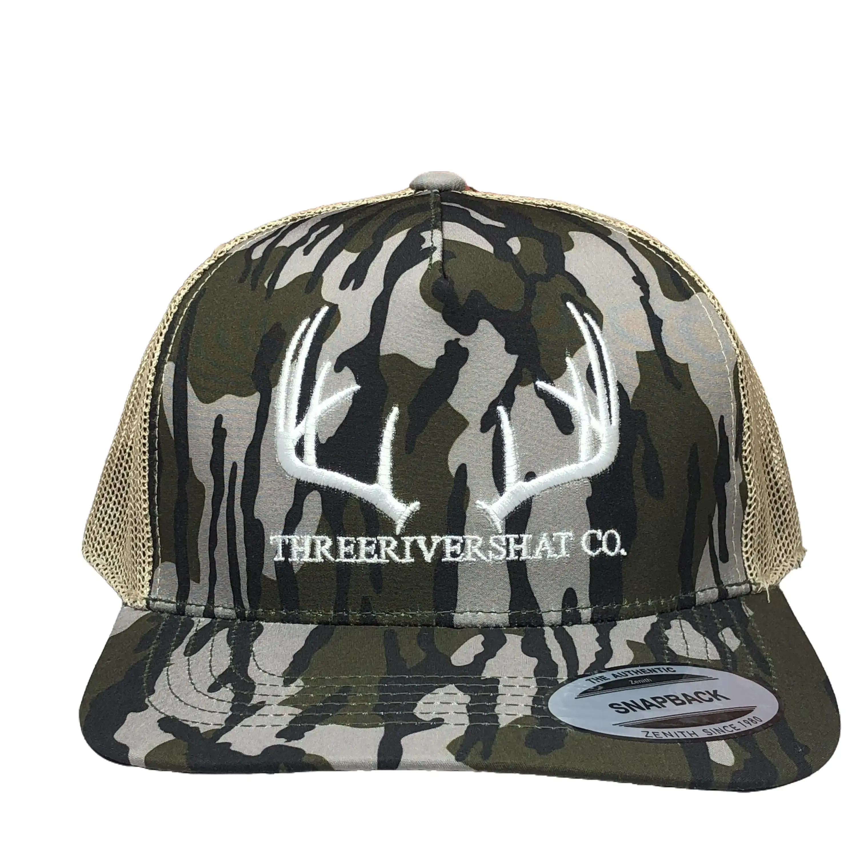 Three Rivers Antler Embroidered Hat Woodland Camo Mesh Trucker Cap 5 Panel Flat Bill Snapback Hat Vintage Deer Hunting Outdoor Sports Baseball Cap For Men Women Southern Gift