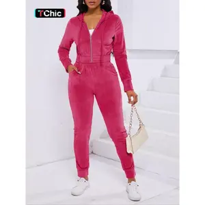 Women's Solid Velvet Pants Set, Fashion Zip Up Hooded Crop Jacket & Elastic Waist Pants, Fall Sets, Casual Stylish Spring & Fall Hoodie Outfits Clothes Set, Sweatsuit Set Outfit, Co-ord Sets for Women,? Two Piece Set Outfits