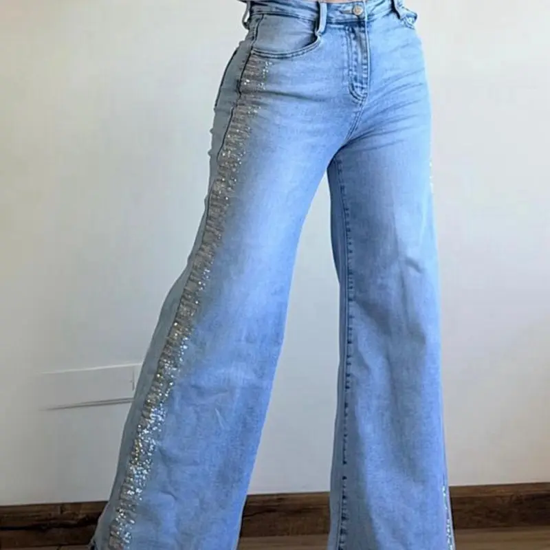 High-Waisted Light Blue Flare Jeans with Rhinestone Embellishments for Women