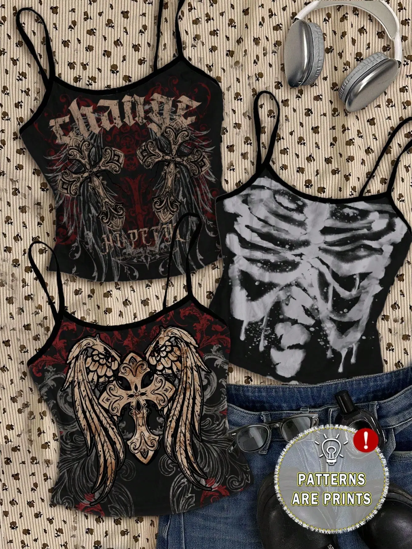 Bevailyard 3pcs Women Casual Vintage Tight Contrast Trim Tank Top Set Punk Cross Wing Skull Print Y2K Grunge Print Halter