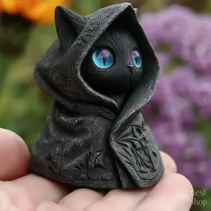 Mysterious Gothic Black Cat Statue Mini Resin Figurine with Emerald Eyes & Hooded Cloak Hand-Painted Collectible for Witchy Decor and Cat Lovers