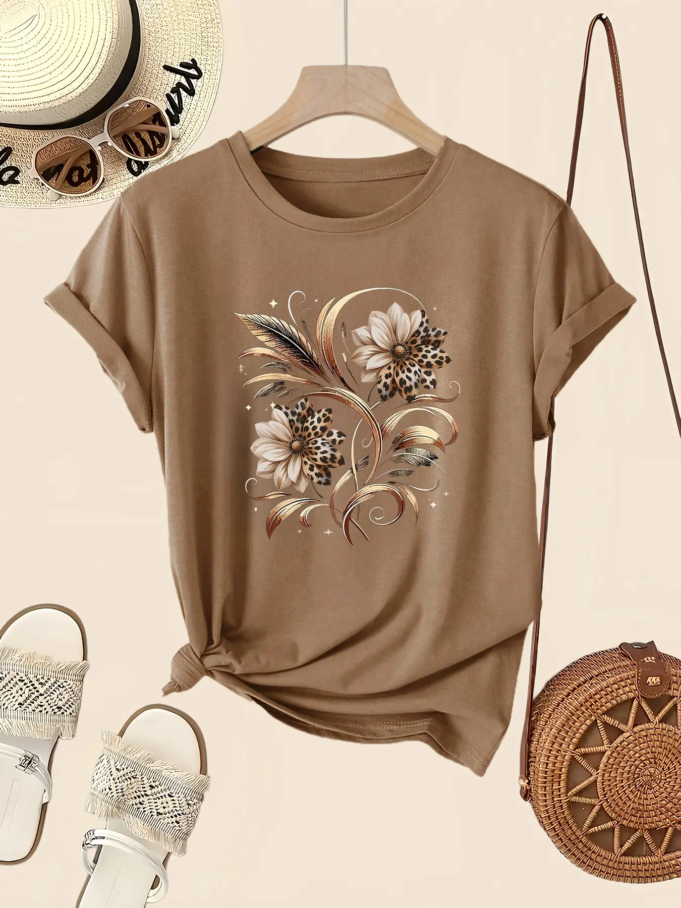 Women's Casual Short Sleeve T-Shirt, Leopard Print Floral Pattern, Round Neck, Summer Top, Daily Wear, Ladies Clothing