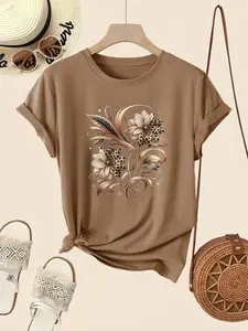 Women's Casual Short Sleeve T-Shirt, Leopard Print Floral Pattern, Round Neck, Summer Top, Daily Wear, Ladies Clothing