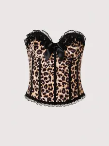 Women's Sexy Fit Bodycon Leopard Print Cami Top, European and American Style Lace Spliced Vest, Ideal for Outings and Layering