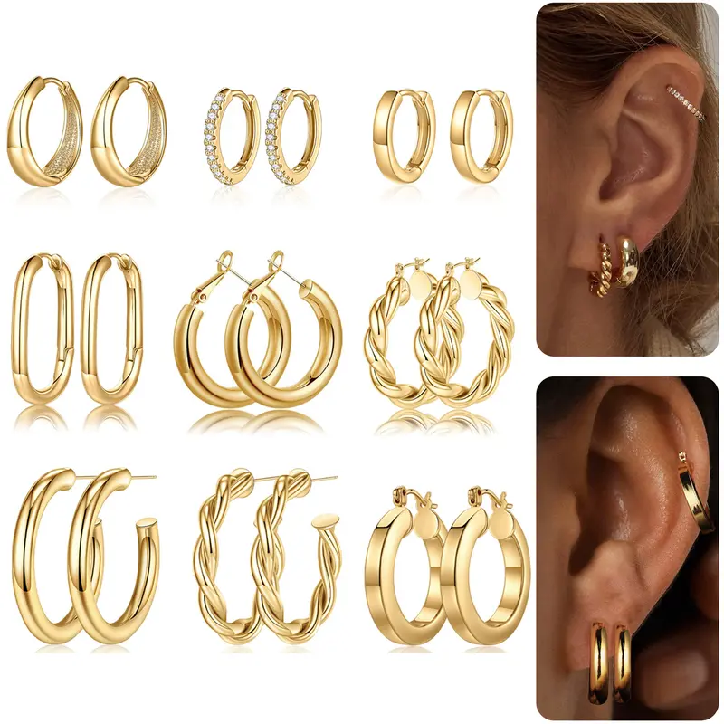 Turandoss 9 Pairs Gold Hoop Earrings for Women, Hypoallergenic Thick Lightweight Earring, 925 Sterling Silver Post 14K Real Gold Plated Chunky Hoop Earrings Set for Women for Jewelry Gifts