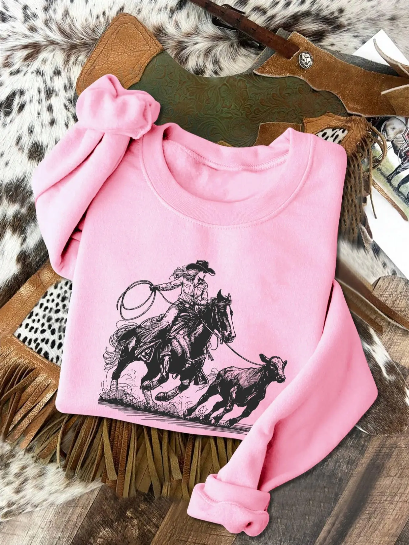 Women's Cowgirl & Horse Animal Print Crew Neck Pullover, Lady Casual Long Sleeve Sweatshirt for Spring & Fall, Women's Top for Daily Wear, Casual Pullover Tops, Womenswear