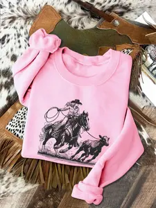 Women's Cowgirl & Horse Print Crew Neck Pullover, Casual Long Sleeve Sweatshirt for Spring & Fall, Women's Top for Daily Wear, Womenswear