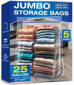 5-Pack 25-Gallon Jumbo Clear Plastic Storage Bags, 3.5 Mil Thick, Extra Large with Zipper & Handles for Home, Travel & Moving