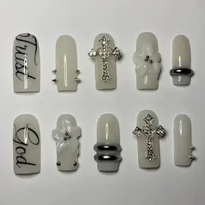 Ivory Christian Press On Nails | Silver Cross Nail Art | Gothic White Cross Press On Nails | Minimalist Coquette Handmade Press Ons
