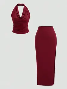 Elegant Women's Classic Halter Backless Fitted Top with High Waist Slit Skirt Set, Stylish for Special Occasions, Perfect for Date Nights and Parties, Summer