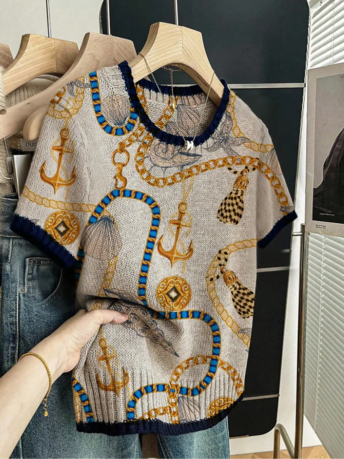 Baroque Print Round Neck Fitted Sweater, Casual Elegant Short Sleeve Knitwear for Spring Summer Fall, Comfortable Warm Women's Clothing Womenswear