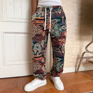 Menswear All Seasons Geometric Straight Pants, Single Pack, Multi-Element Trendy Hip-Hop Street Style, Bad Boy Cool Vibe, Versatile, Long Length, Tie Waist, Mid-Rise Design