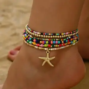 Women's Boho Starfish Beaded Anklet - Adjustable Jewelry Accessories with Beading, Unisex Starfish Pendant, Trendy Fashion Accessory for Party/Outdoor, Ideal Leisure Gift