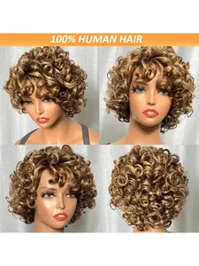Highlight Short Curly Pixie Wig, 150% Density Human Hair, Glueless Afro Funmi Design with Bangs, Lively Blonde Bob for Sports