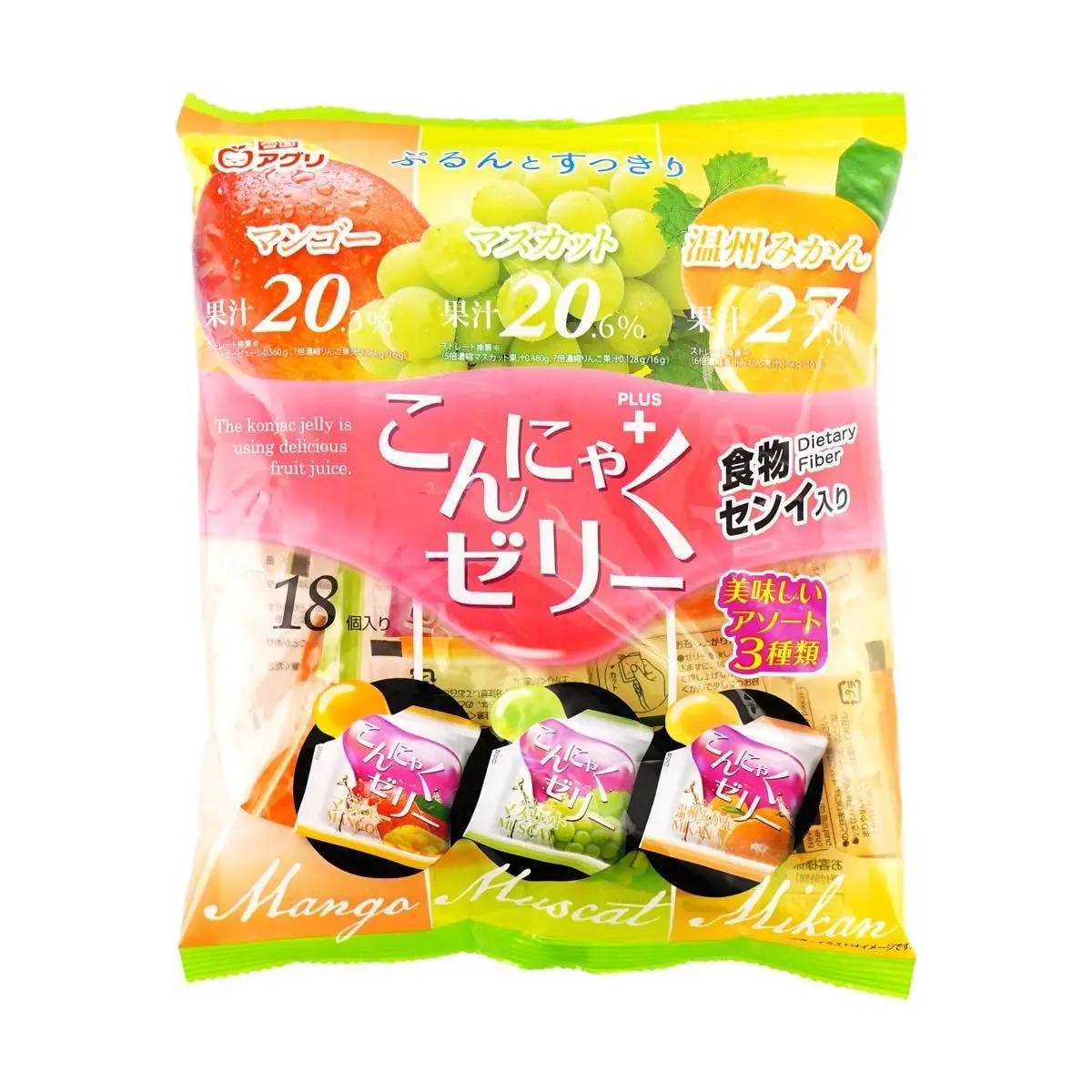 YUKIGUNI AGURI Japanese Konjac Jelly Mixed Fruit Flavors 288g - Mango, Shine Muscat Grape, Citrus