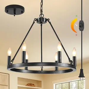 DIMMABLE Wagon Wheel Plug in Chandelier 6-Light, 20.5" Black Round Farmhouse Pendant Light Fixture with Cord, Height Adjustable Industrial  Light, Outdoor Ceiling Light for Dining Room