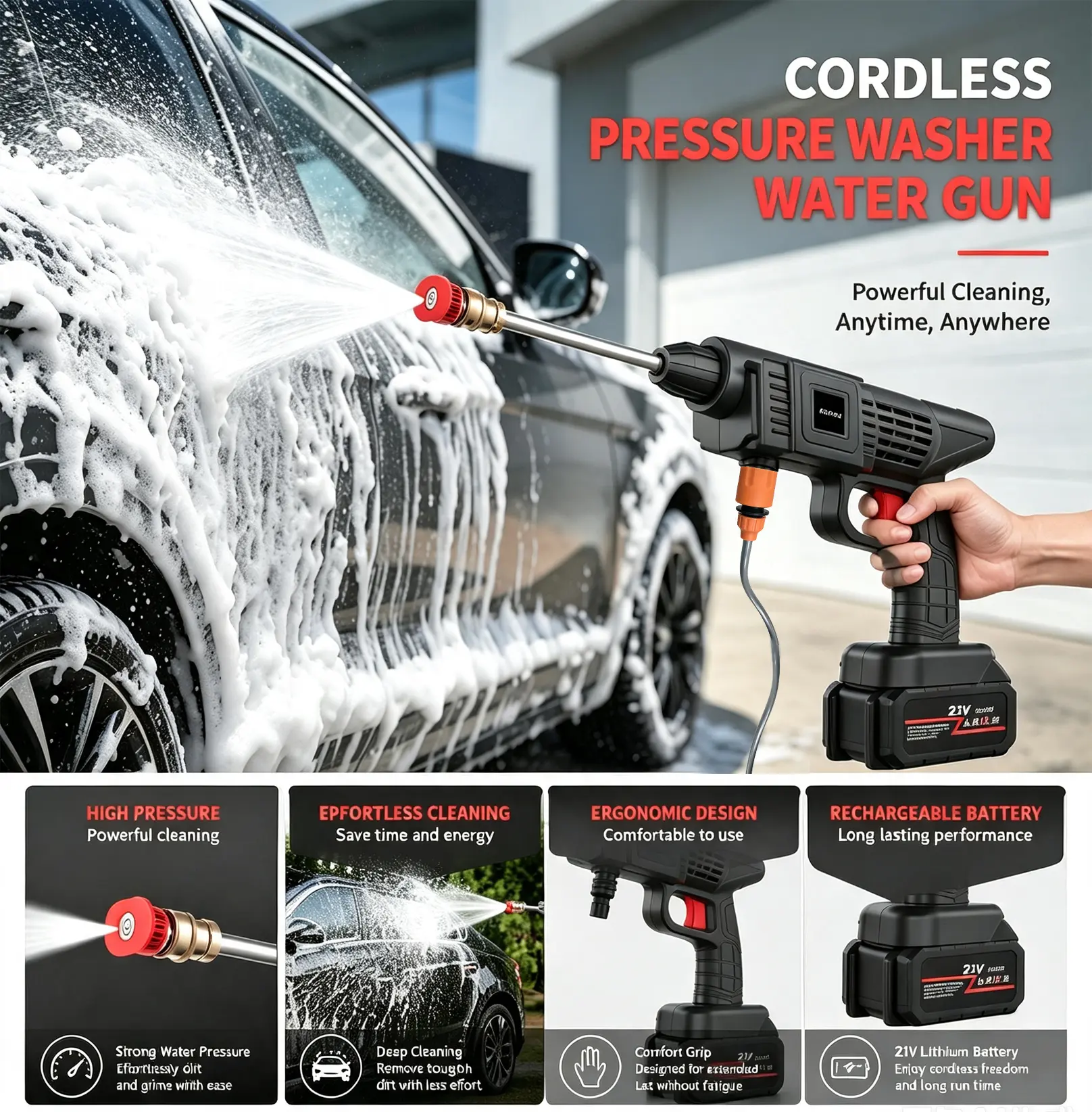 Cordless High Pressure Washer, 21V Li-ion (2 Batteries, Charger Included), Adjustable Water Nozzle, Foam Spray Gun & Tool Box, Portable Wireless Power Cleaner for Cars, Outdoor Surfaces