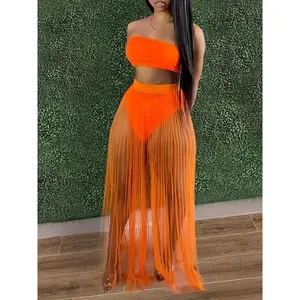 Women's 3 Piece Set Swimsuit Outfit, Bandeau Bikini and Fishnet Hollow out Beach Maxi Dress Cover up Party Skirt, Club Clothing Suit, Women's