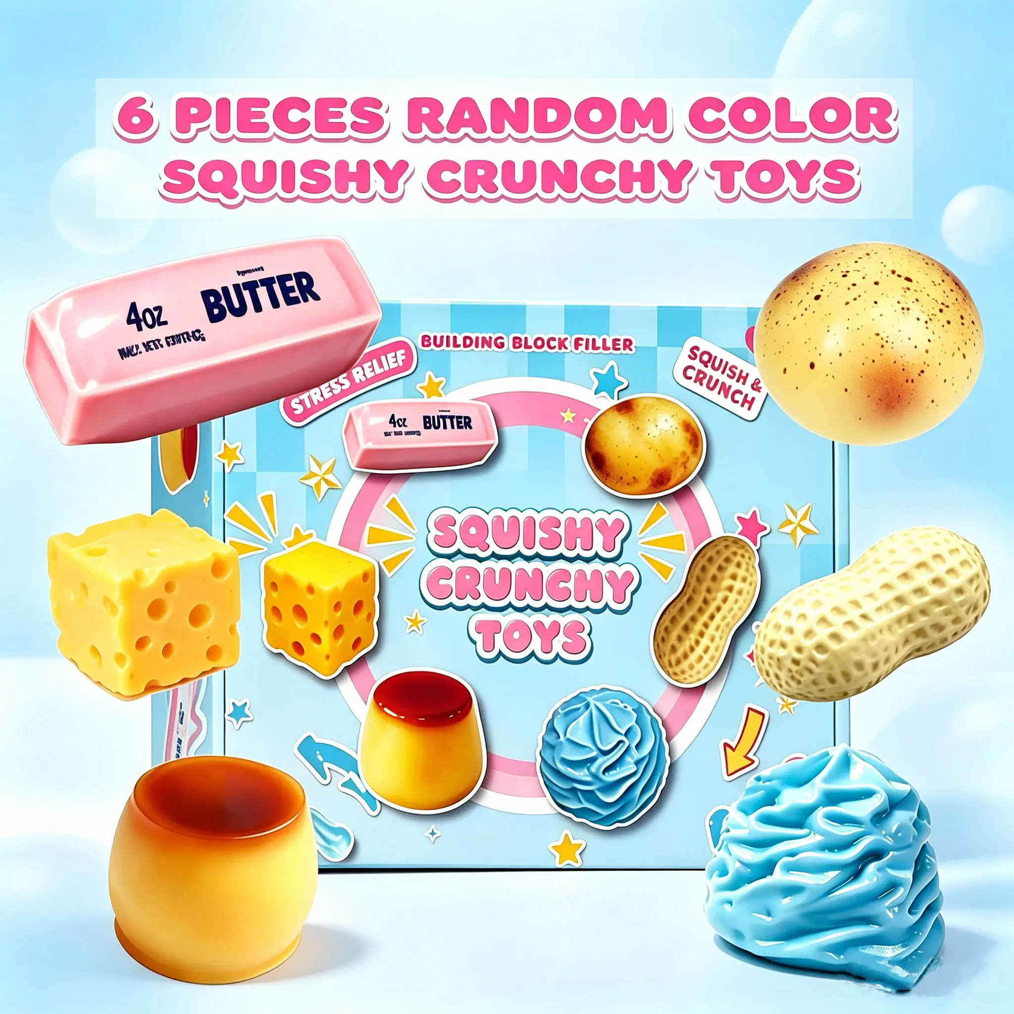 6‑Piece Set Crunchy ASMR Sensory Fidget Balls, Building‑Block Filled Anti‑Stress Squishy Toys, Ideal Gift for Teens & Adults, Party Entertainment, Back to School Haul, Exam Week Birthday Presents, Halloween & Haunted Theme Gifts
