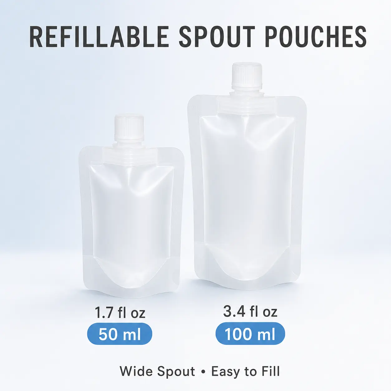 Refillable Spout Pouches, 1.7 fl oz & 3.4 fl oz Portable Liquid Storage Bags with Screw Caps, Stand-Up Travel Containers for Shampoo, Lotion, Body Wash and Toiletries
