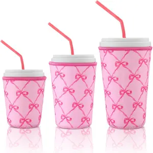 3 Pack Reusable Insulated Neoprene Iced Coffee Cup Sleeves Pink Bow Drink Sleeve for Cold Beverages Durable Temperature Control Iced Coffee Cup Holder
